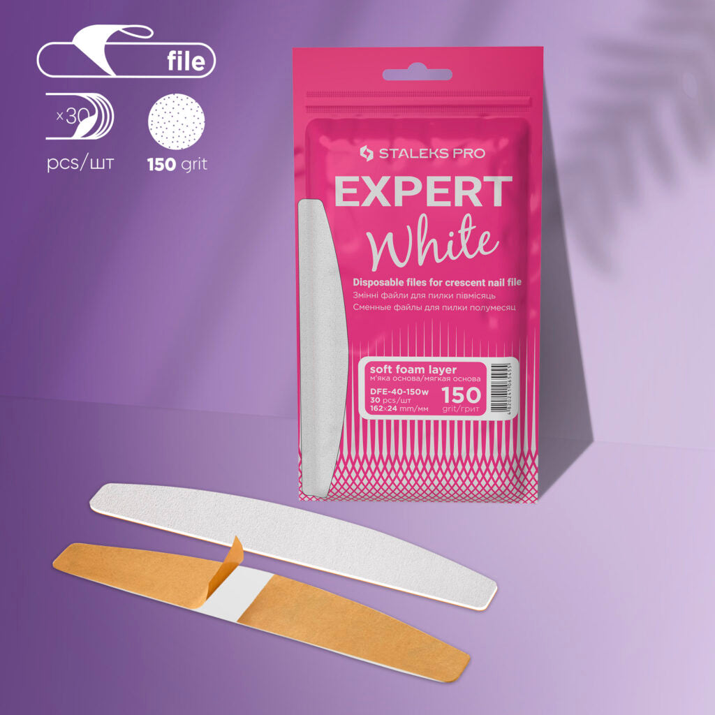 Limes blanches jetables pour lime à ongles en croissant sur une couche de mousse douce EXPERT 40 150 grain (30 pièces)