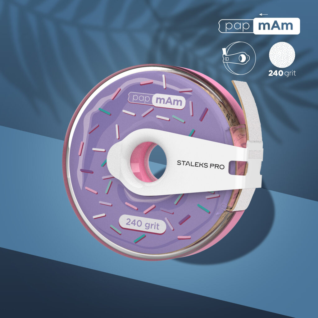 Ruban abrasif blanc jetable papmAm EXPERT grain 240 dans un boîtier en plastique (Donut)